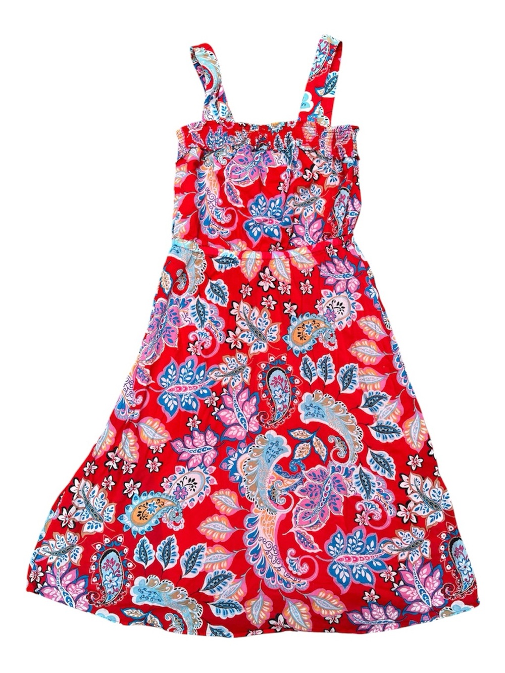 Talbots Red Floral Midi Dress Retro Cotton Comfy Maximalist 8P